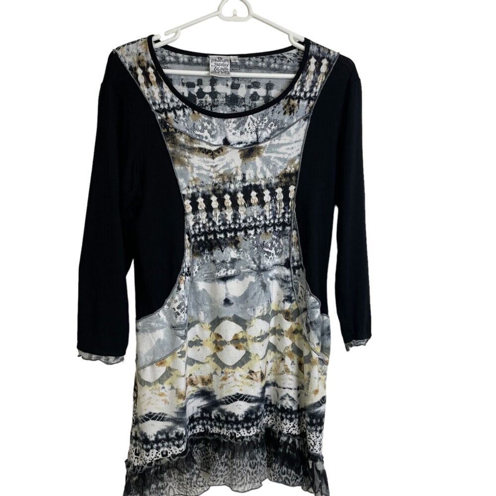 Parsley & Sage Small Tunic Top Womens Black Grey Long Sleeve Animal Print Ruffle
